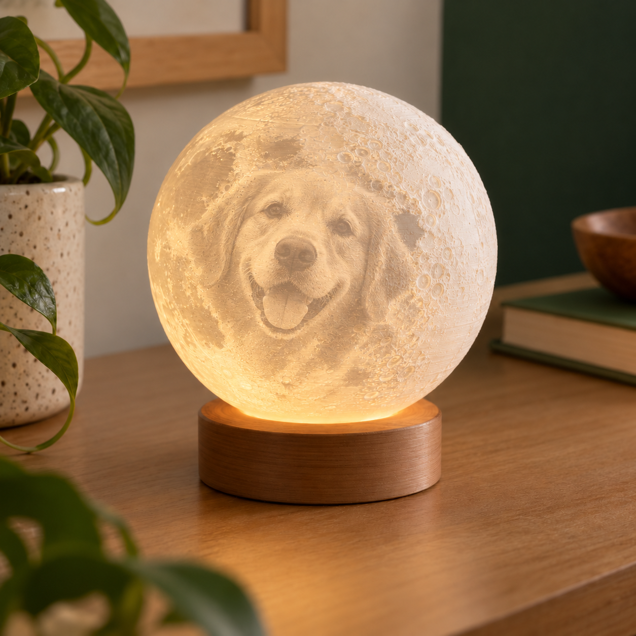 Ejemplo ilustrativo de luna litofanía con foto, encendida sobre su base